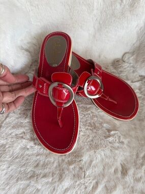 Cole Haan w/Nike Air Red Patent Thong Sandals with Silver Ring Accent